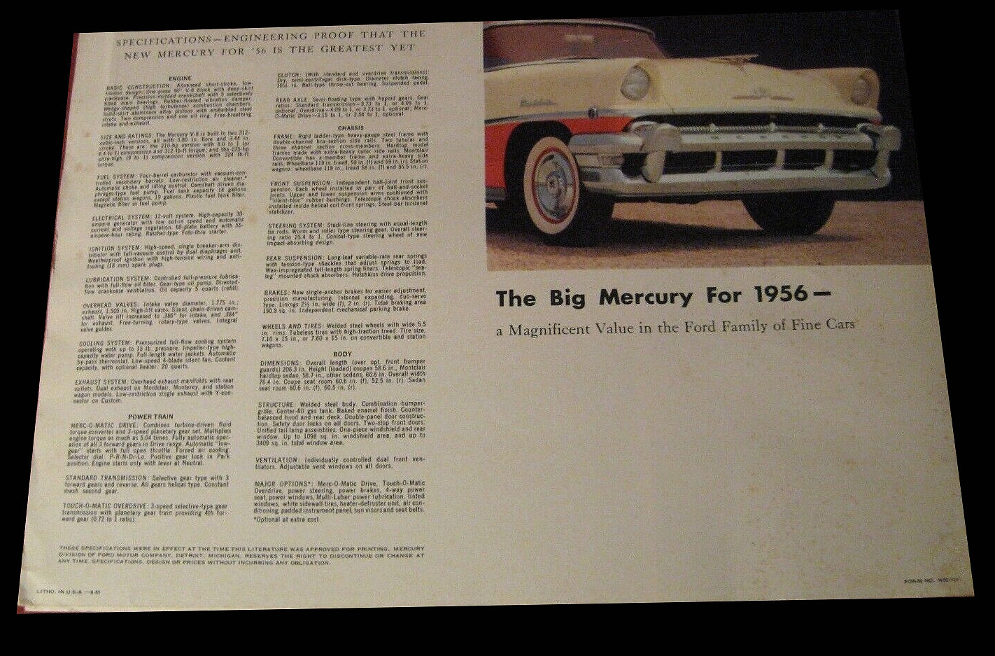 1956 Mercury Fold Out Sales Brochure Booklet Old Original