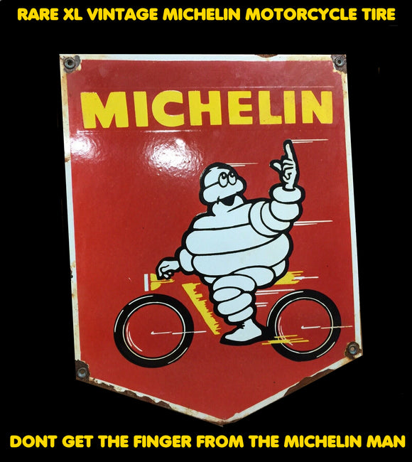 SUPER RARE XL VINTAGE MICHELIN MOTORCYCLE TIRE PORCELAIN SERVICE STATION SIGN 15”x12”