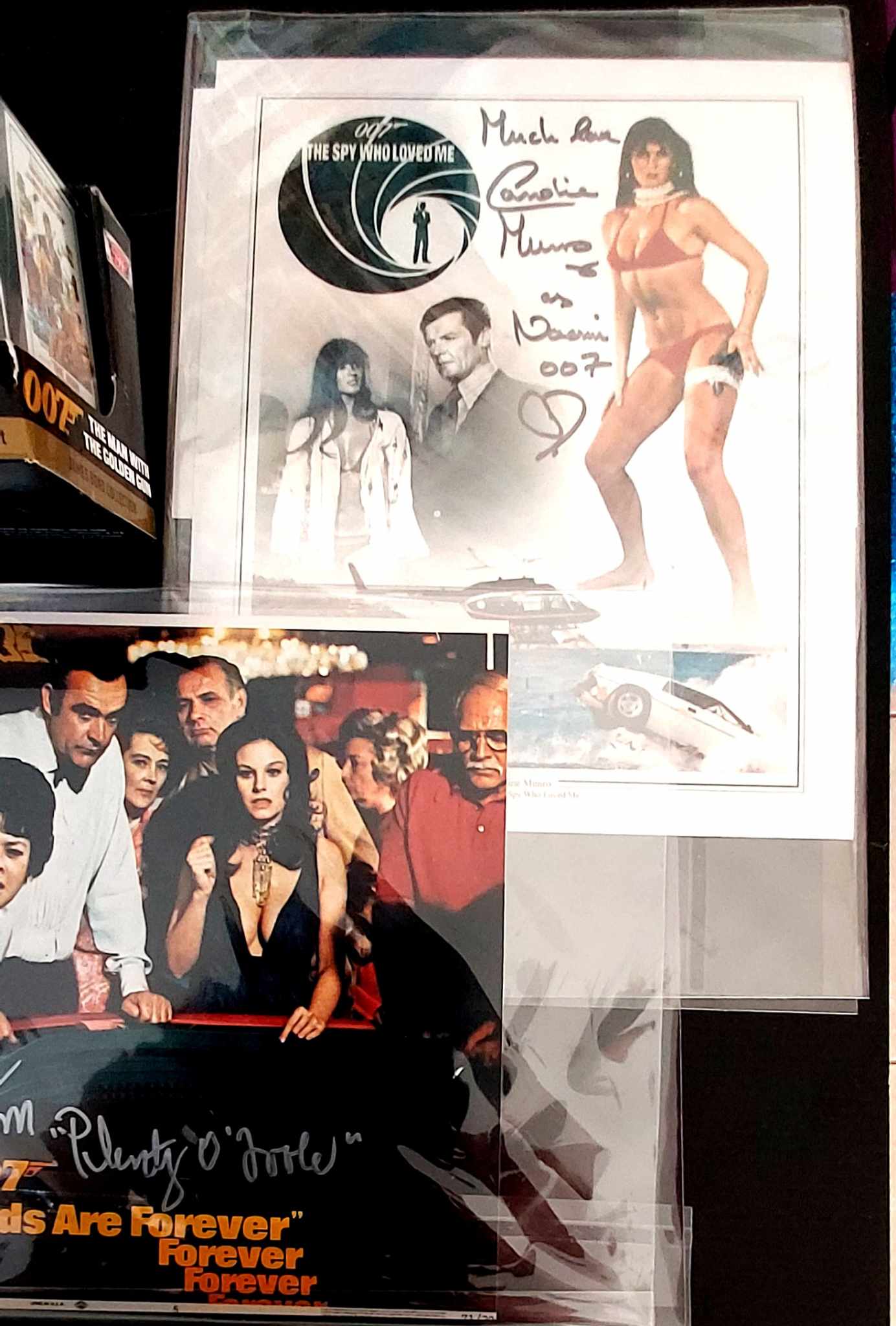 JAMES BOND COLLECTION  SIGNED PHOTOS WITH COA AND GOLDFINGER DIECAST CAR DIORAMA