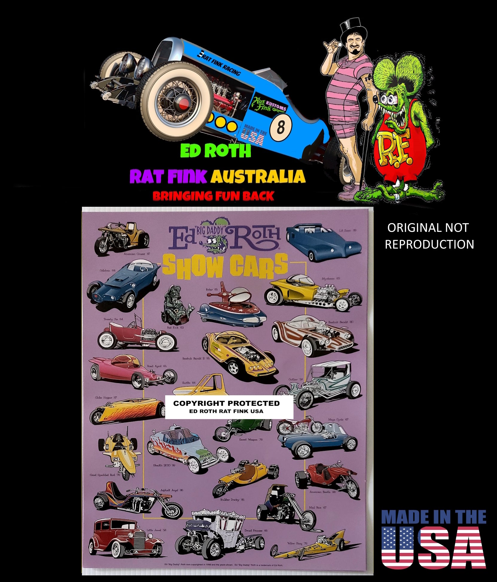 Ed Roth Rat Fink Original Show Car poster showing Ed Roth Car Builds ...