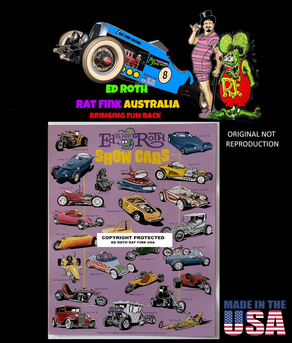 Ed Roth Rat Fink Original Show Car poster showing Ed Roth Car Builds