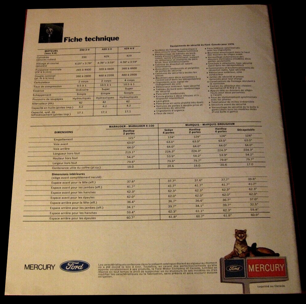 1970 Mercury Marquis Marauder Canada French Sales Brochure  Old