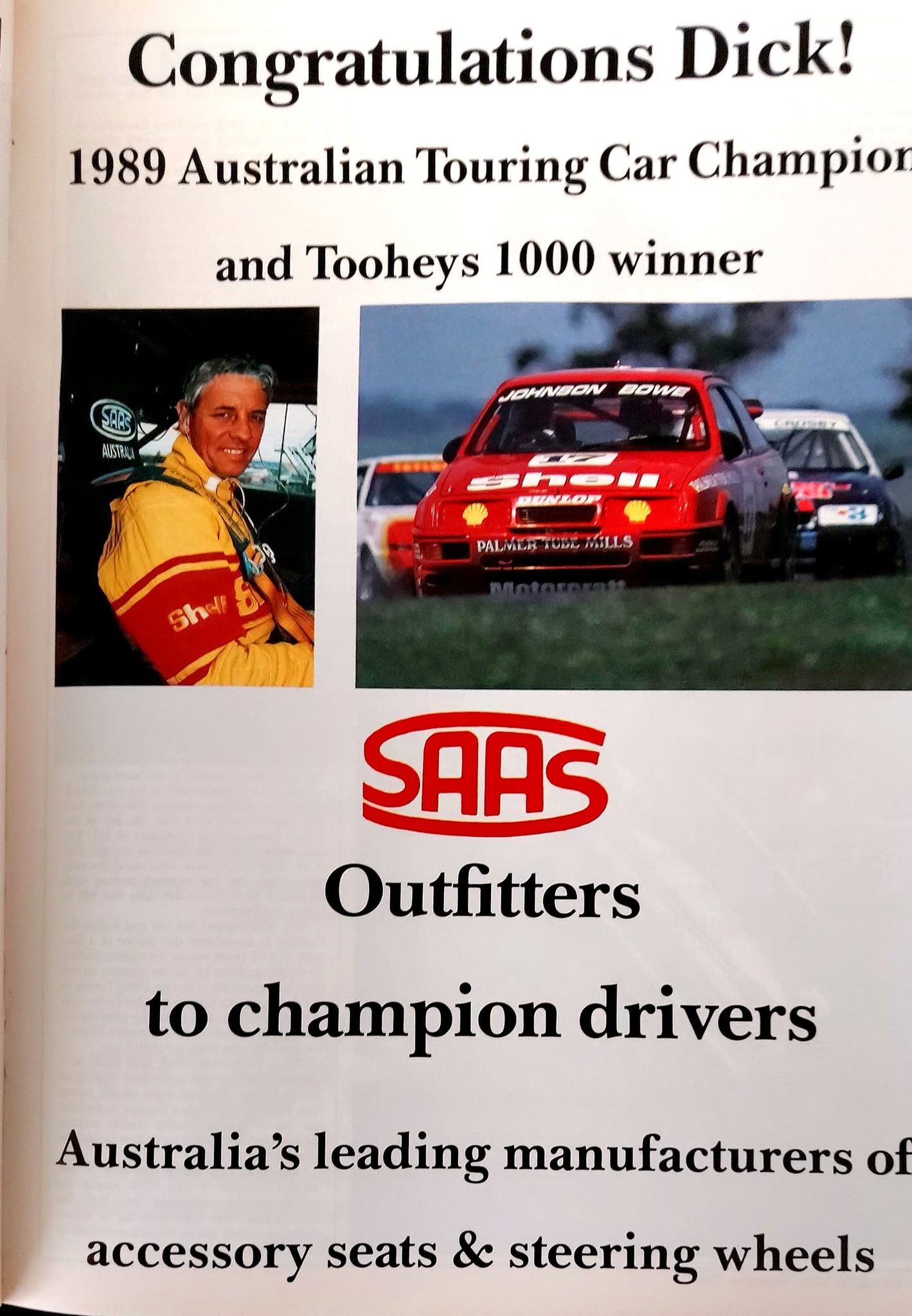 1989 issue of RACING CAR news Front cover signed by Dick Johnson & John Bowe