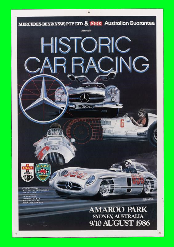 1986 Amaroo Park event celebrating Mercedes Poster mounted on a wooden board